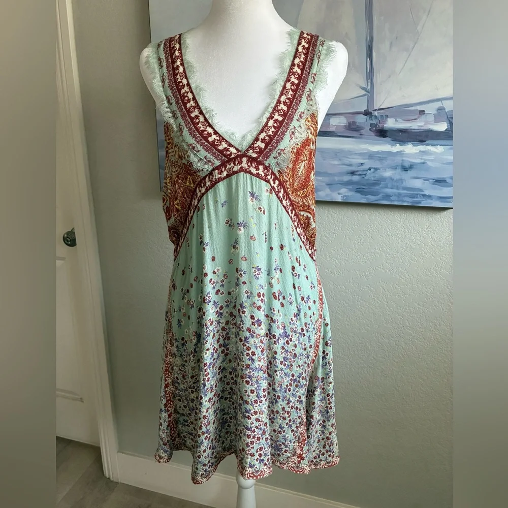 Free People Intimately East Willow Mint Multi Floral Lace-Trim V-Neck Mini Dress - Picture 5 of 8